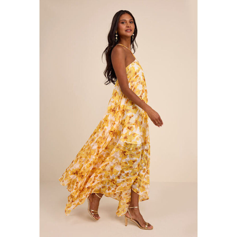 Lulus Dezzi Yellow Multi Floral Halter Shift Maxi Dress - Size M